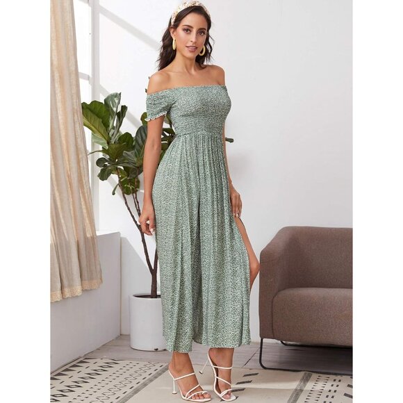 Women's Boho Floral Print Off Shoulder Split Long A Line Dress - Picture 5 of 6
